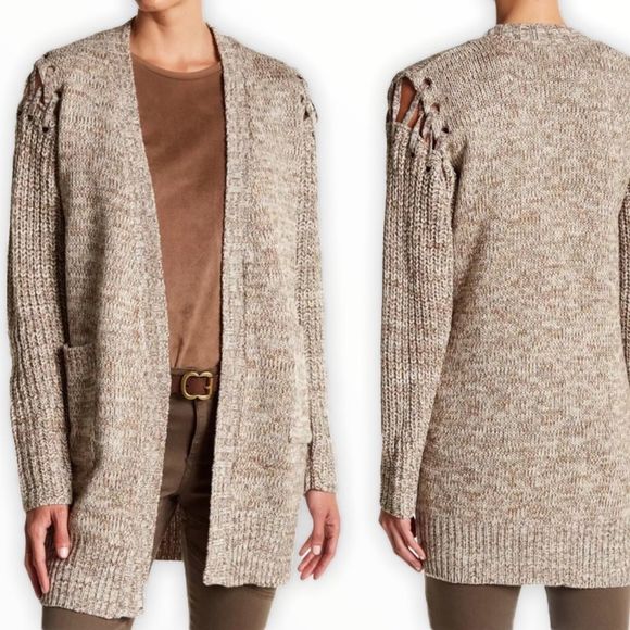 John + Jenn Lace Up Cold Shoulder Marled Oatmeal Cardigan - Picture 1 of 5